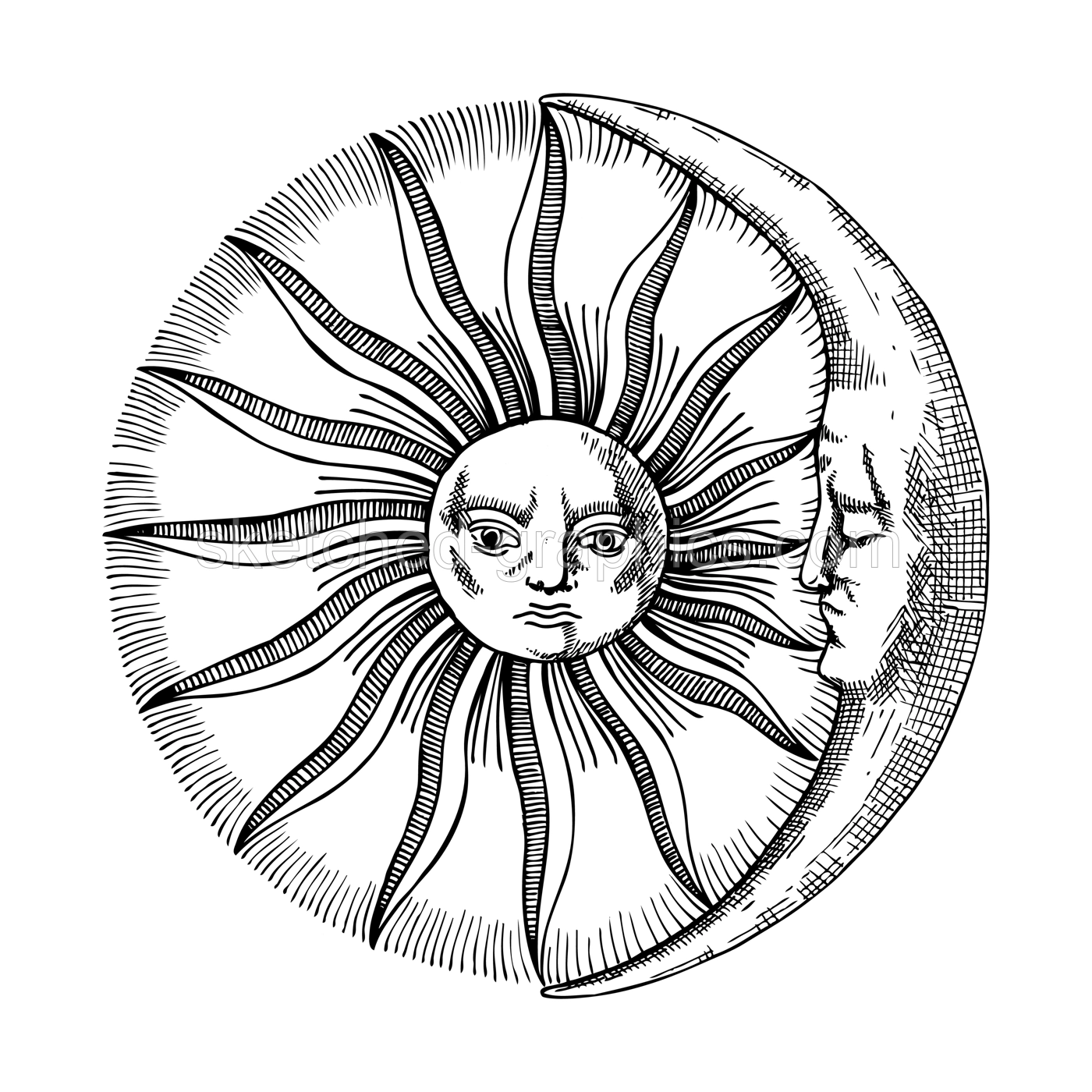 Vintage sun and crescent moon with face composition. Esoteric symbols of sun . Alchemical or mystical magic elements for tarot cards, banners, prints, tattoos, stickers. Hand-sketched illustration Illustration